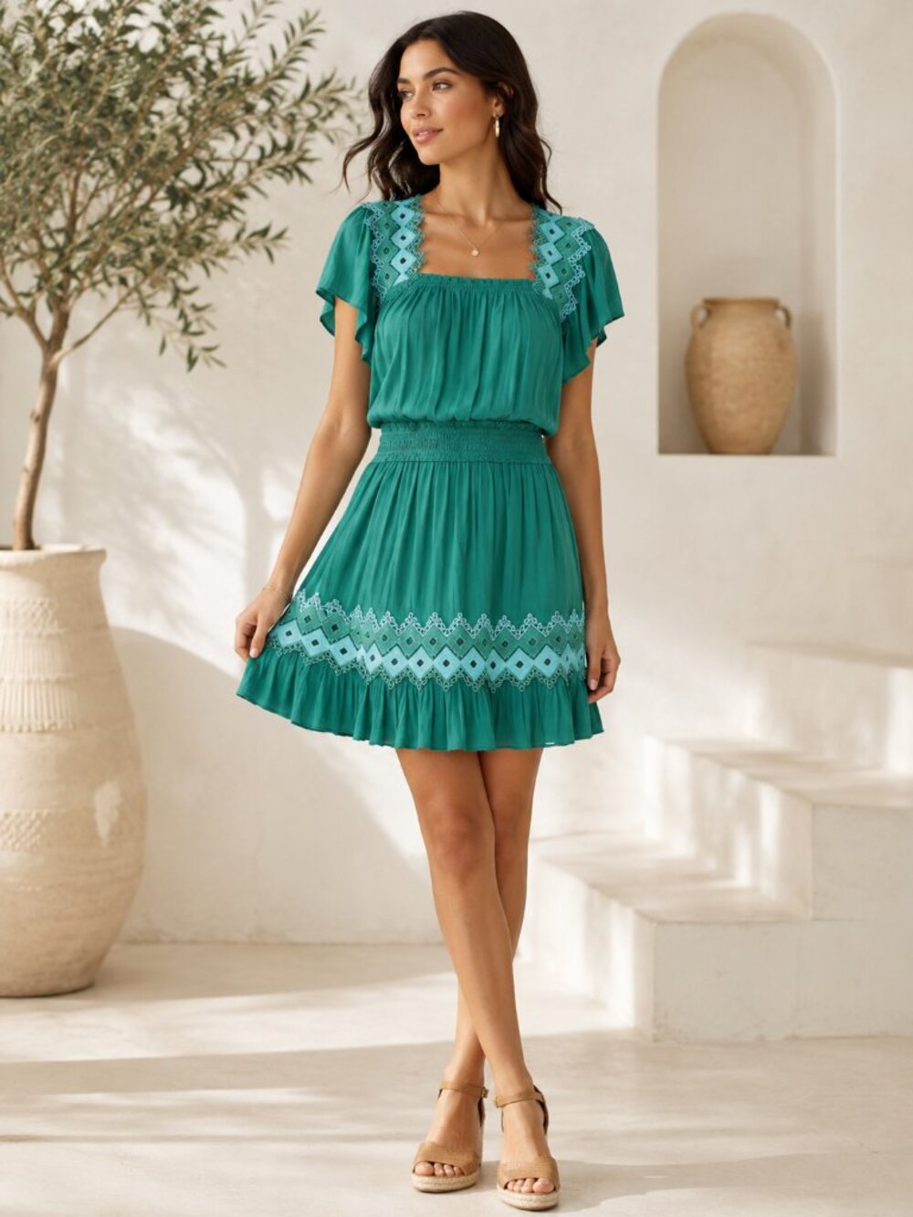 Ramy Brook Bridget Embroidered Flutter Sleeve Mini Dress Sea Green Medium